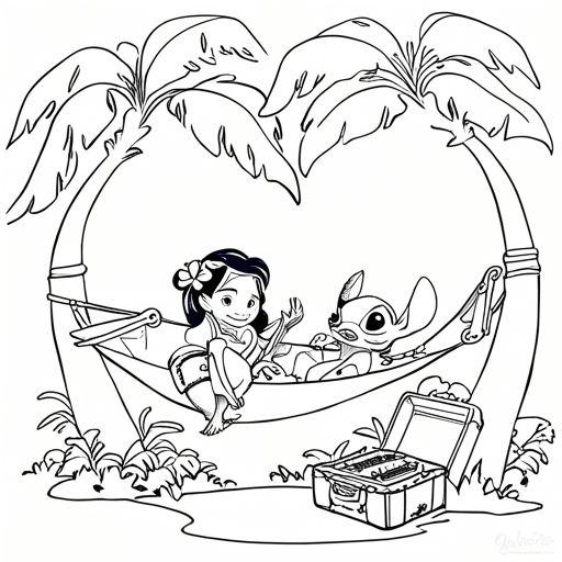 Lilo, Stitch on a Hammock Cartoon Character Disney - HuLaHo Coloring Pages